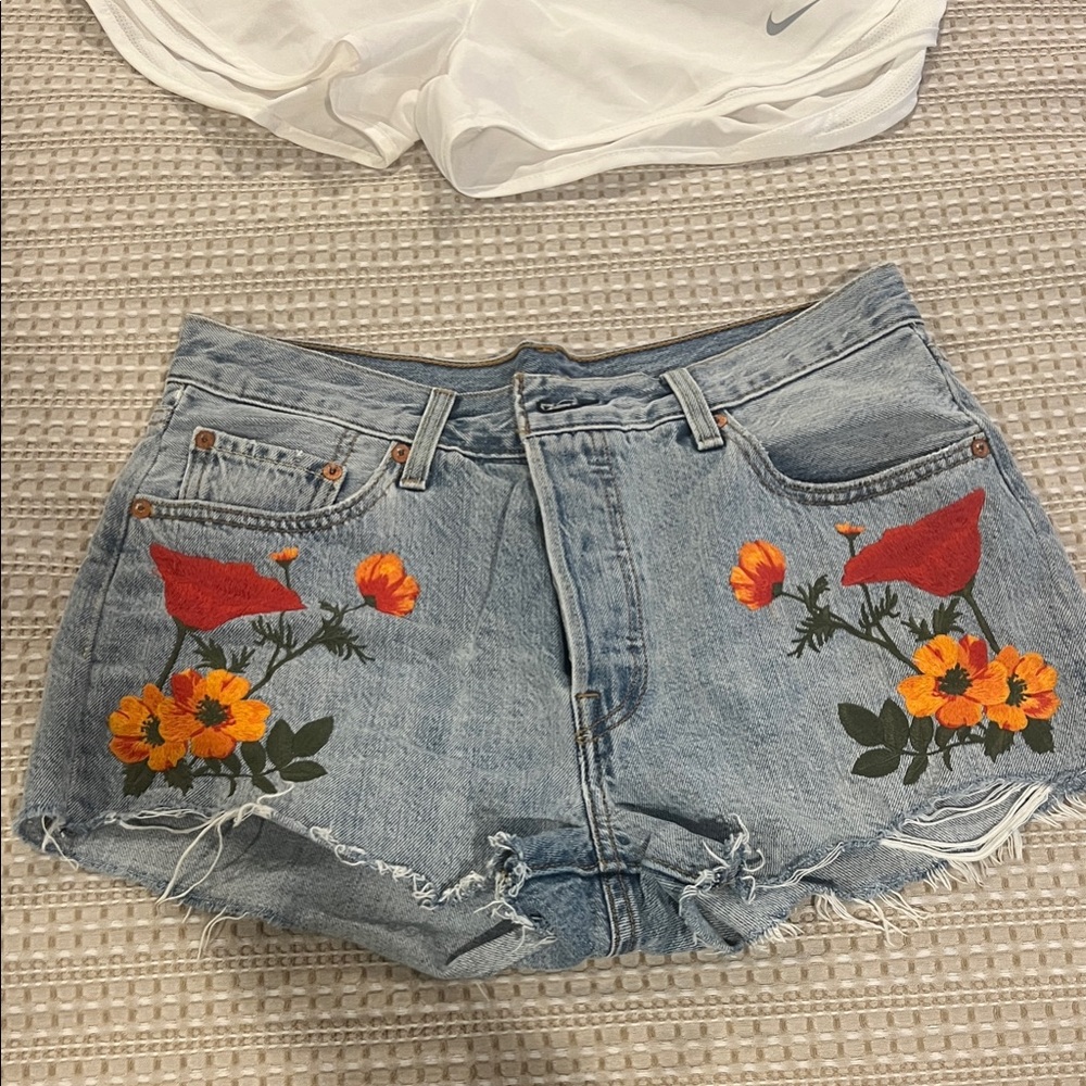 Levi's Blue Floral Embroidered Jean Shorts